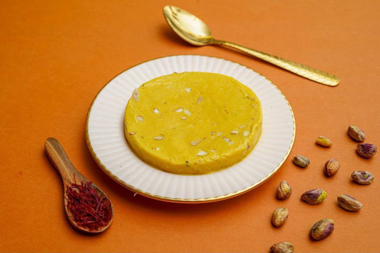 Kesar pista kulfi slice with saffron and pistachios